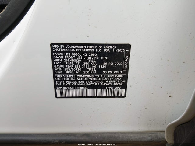 44714840 :رقم المزاد ، 1V2HR2CA8RC538660 vin ، 2024 Volkswagen Atlas 2.0t Se W/technology مزاد بيع