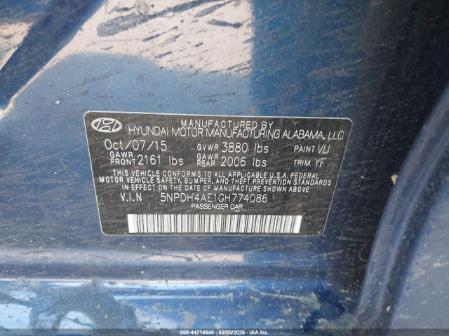 Aukcja sprzedaży 2016 Hyundai Elantra Se, vin: 5NPDH4AE1GH774086, numer aukcji: 44714845