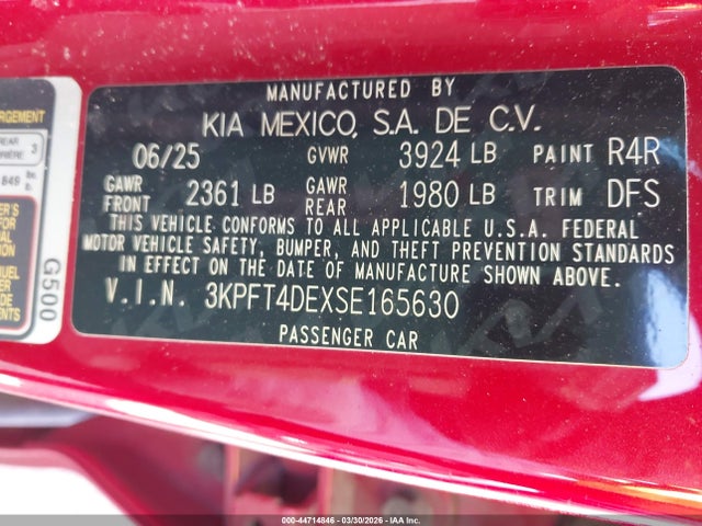 Продажа на аукционе авто 2025 Kia K4 Lxs, vin: 3KPFT4DEXSE165630, номер лота: 44714846