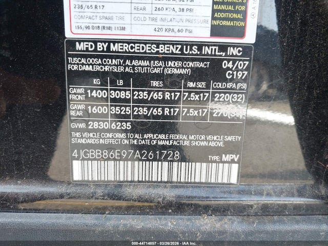 Aukcja sprzedaży 2007 Mercedes-benz Ml 350 4matic, vin: 4JGBB86E97A261728, numer aukcji: 44714857
