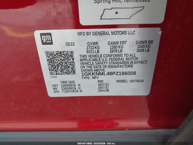 44714863 :رقم المزاد ، 1GKKNML48PZ186008 vin ، 2023 Gmc Acadia Fwd Slt مزاد بيع