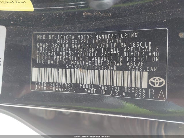 44714889 :رقم المزاد ، 5YFBURHE1FP245048 vin ، 2015 Toyota Corolla S Plus مزاد بيع