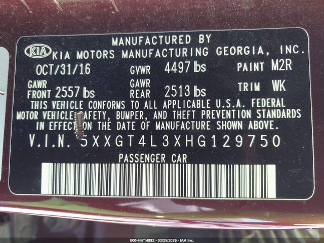 5XXGT4L3XHG129750 KIA Optima Lx
