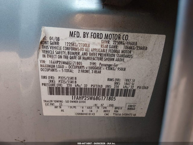 Aukcja sprzedaży 2008 Ford Taurus Limited, vin: 1FAHP25W68G171805, numer aukcji: 44714907