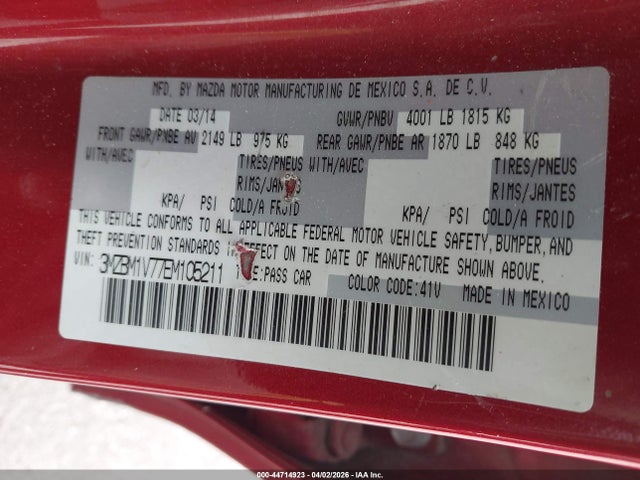 44714923 :رقم المزاد ، 3MZBM1V77EM105211 vin ، 2014 Mazda Mazda3 I Touring مزاد بيع