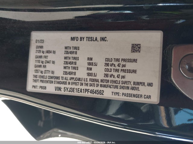 44714927 :رقم المزاد ، 5YJ3E1EA1PF464562 vin ، 2023 Tesla Model 3 Rear-wheel Drive مزاد بيع