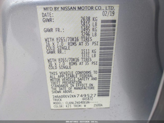 Nissan Frontier Sv 2019 1N6AD0EV2KN749527 Image 9