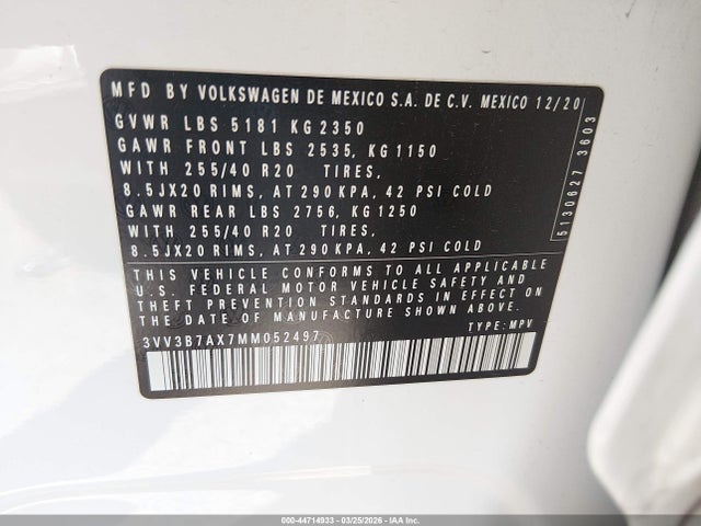 2021 Volkswagen Tiguan 2.0t Se/2.0t Se R-line Black/2.0t Sel მანქანა იყიდება აუქციონზე, vin: 3VV3B7AX7MM052497, აუქციონის ნომერი: 44714933