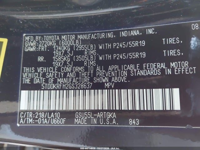 Toyota Highlander Limited V6 2016 5TDDKRFH2GS328637 Image 9