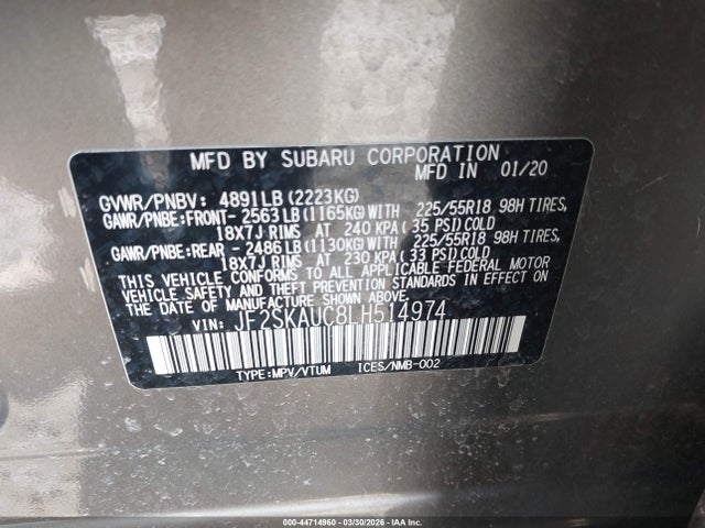 Aukcja sprzedaży 2020 Subaru Forester Limited, vin: JF2SKAUC8LH514974, numer aukcji: 44714960