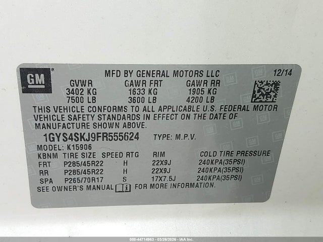 Aukcja sprzedaży 2015 Cadillac Escalade Esv Luxury, vin: 1GYS4SKJ9FR555624, numer aukcji: 44714963