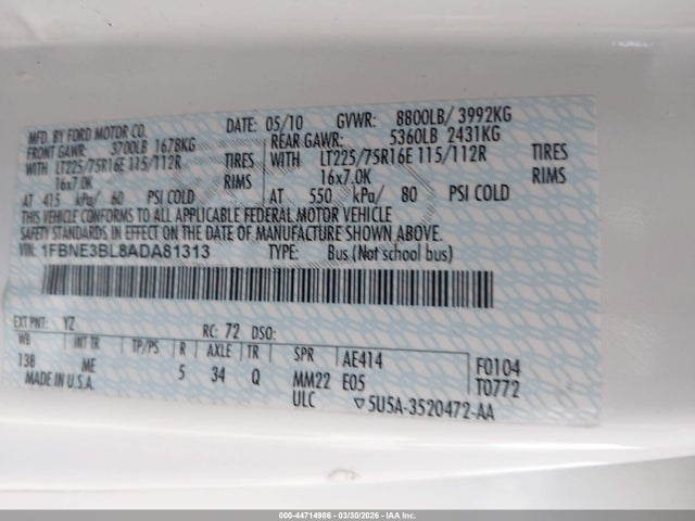 Aukcja sprzedaży 2010 Ford E-350 Super Duty Xlt, vin: 1FBNE3BL8ADA81313, numer aukcji: 44714986