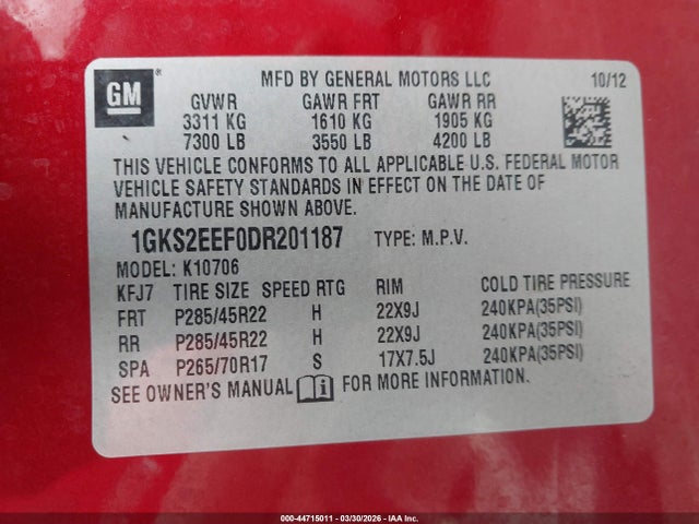 2013 Gmc Yukon Denali მანქანა იყიდება აუქციონზე, vin: 1GKS2EEF0DR201187, აუქციონის ნომერი: 44715011
