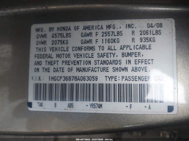 Продажа на аукционе авто 2008 Honda Accord 3.5 Ex-l, vin: 1HGCP36878A063059, номер лота: 44715042