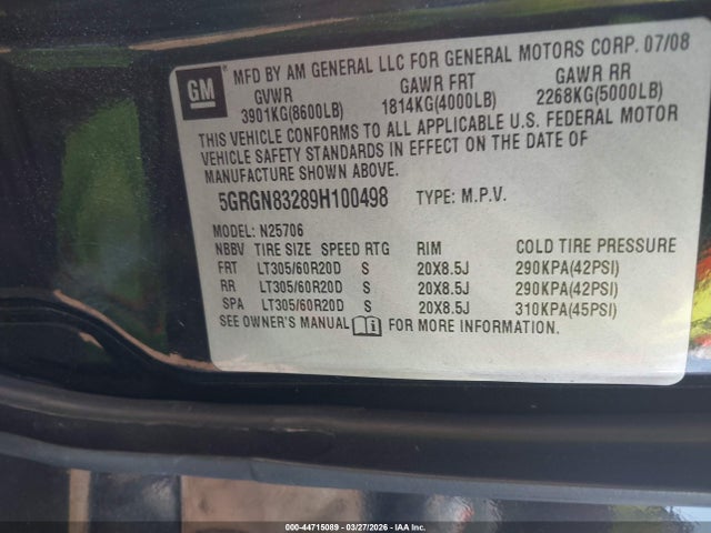 Aukcja sprzedaży 2009 Hummer H2 Suv, vin: 5GRGN83289H100498, numer aukcji: 44715089