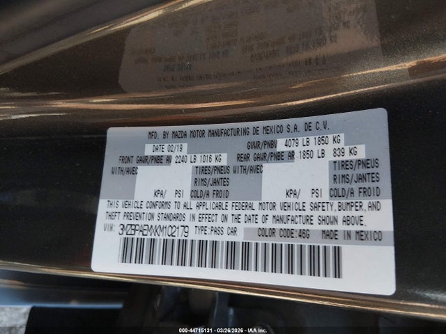 Aukcja sprzedaży 2019 Mazda Mazda3 Premium Package, vin: 3MZBPAEMXKM102179, numer aukcji: 44715131