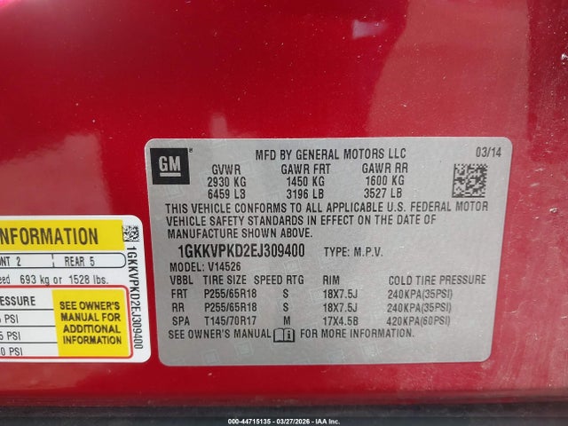 Aukcja sprzedaży 2014 Gmc Acadia Sle-2, vin: 1GKKVPKD2EJ309400, numer aukcji: 44715135