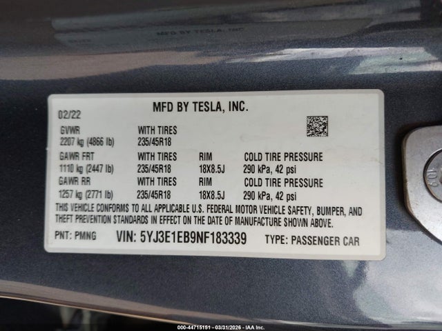 44715151 :رقم المزاد ، 5YJ3E1EB9NF183339 vin ، 2022 Tesla Model 3 Long Range Dual Motor All-wheel Drive مزاد بيع
