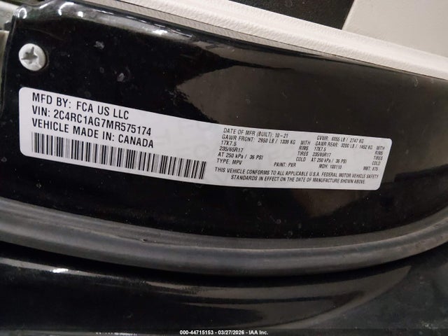 Продажа на аукционе авто 2021 Chrysler Voyager L, vin: 2C4RC1AG7MR575174, номер лота: 44715153