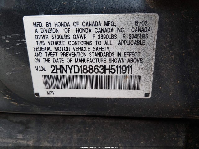 Aukcja sprzedaży 2003 Acura Mdx, vin: 2HNYD18863H511911, numer aukcji: 44715200
