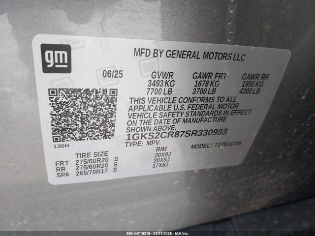 Aukcja sprzedaży 2025 Gmc Yukon 4wd At4, vin: 1GKS2CR87SR330993, numer aukcji: 44715216