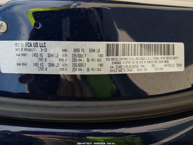 44715231 :رقم المزاد ، 2C4RC1H78JR194743 vin ، 2018 Chrysler Pacifica Hybrid Touring Plus مزاد بيع