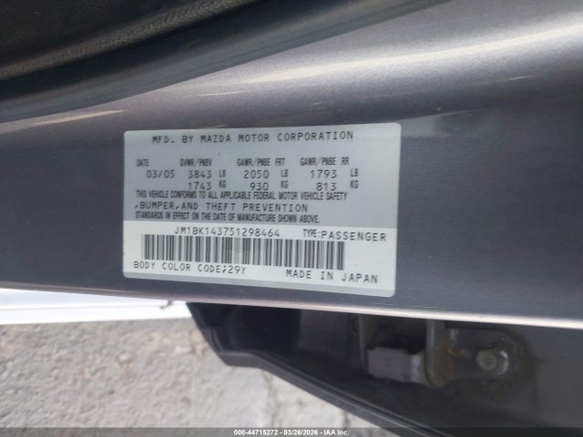 44715272 :رقم المزاد ، JM1BK143751298464 vin ، 2005 Mazda Mazda3 S مزاد بيع
