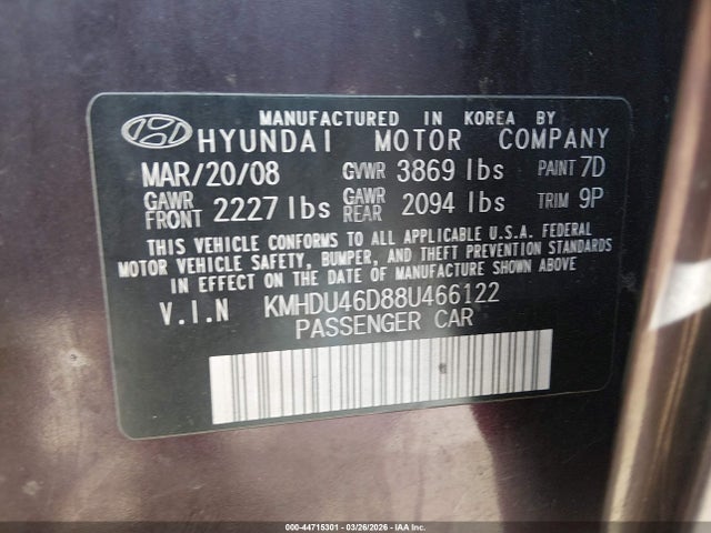 Продаж на аукціоні авто 2008 Hyundai Elantra Gls/se, vin: KMHDU46D88U466122, номер лоту: 44715301