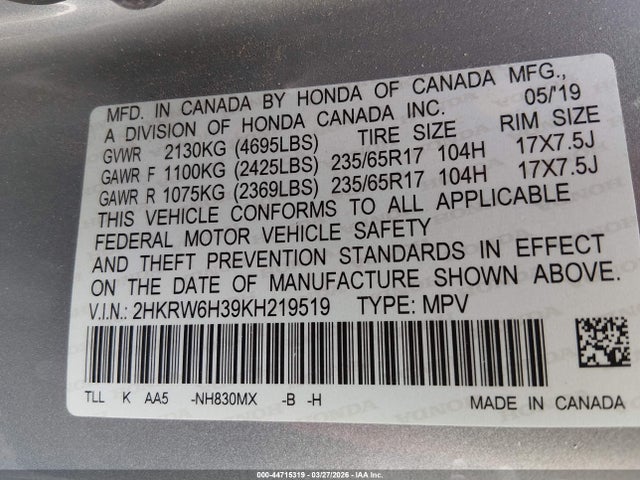2HKRW6H39KH219519 Honda CR-V LX