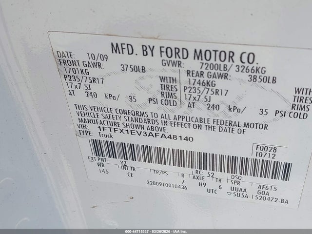 2010 Ford F-150 Fx4/lariat/xl/xlt მანქანა იყიდება აუქციონზე, vin: 1FTFX1EV3AFA48140, აუქციონის ნომერი: 44715337