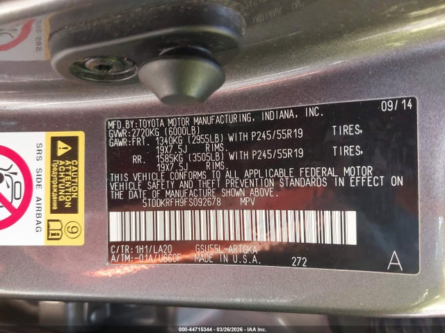 Toyota Highlander Limited V6 2015 5TDDKRFH9FS092678 Image 9