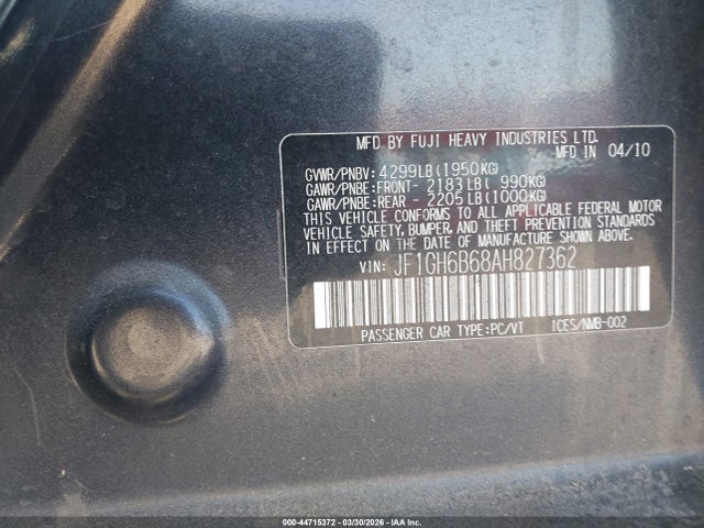 44715372 :رقم المزاد ، JF1GH6B68AH827362 vin ، 2010 Subaru Impreza 2.5i Premium مزاد بيع