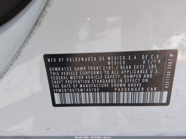 2019 Volkswagen Jetta 1.4t R-line/1.4t S/1.4t Se მანქანა იყიდება აუქციონზე, vin: 3VWCB7BU7KM149793, აუქციონის ნომერი: 44715395