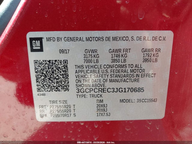 Auction sale of the 2018 Chevrolet Silverado 1500 1lt, vin: 3GCPCREC3JG170685, lot number: 44715415