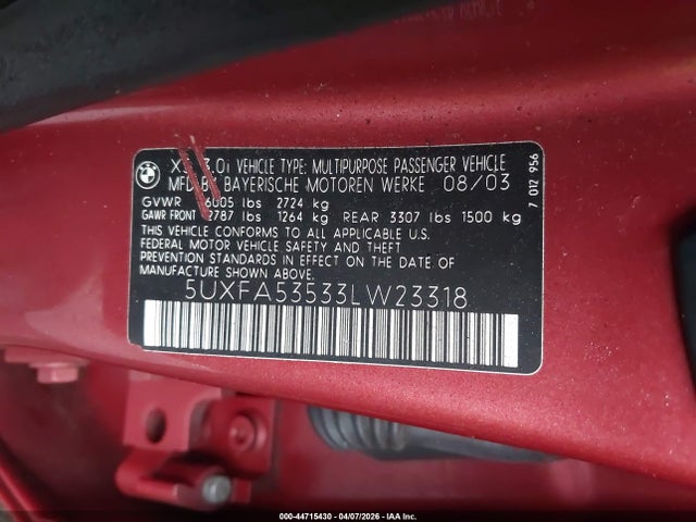 44715430 :رقم المزاد ، 5UXFA53533LW23318 vin ، 2003 Bmw X5 3.0i مزاد بيع