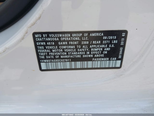 Продажа на аукционе авто 2014 Volkswagen Passat 1.8t Se, vin: 1VWBS7A3XEC027911, номер лота: 44715442