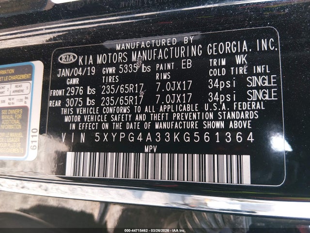 2019 KIA SORENTO 5XYPG4A33KG561364 Photo 8