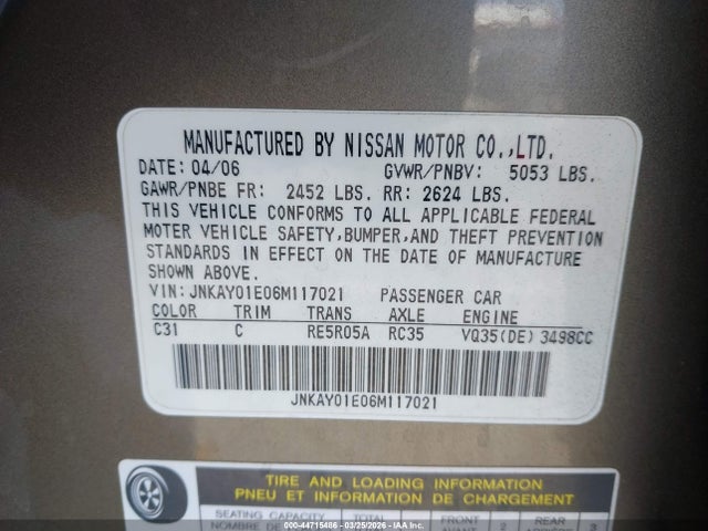 Aukcja sprzedaży 2006 Infiniti M35, vin: JNKAY01E06M117021, numer aukcji: 44715486