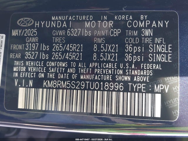 KM8RM5S29TU018996 Hyundai Palisade Calligraphy