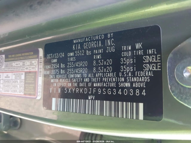 2025 Kia Sorento X-line Sx მანქანა იყიდება აუქციონზე, vin: 5XYRKDJF9SG340384, აუქციონის ნომერი: 44715521