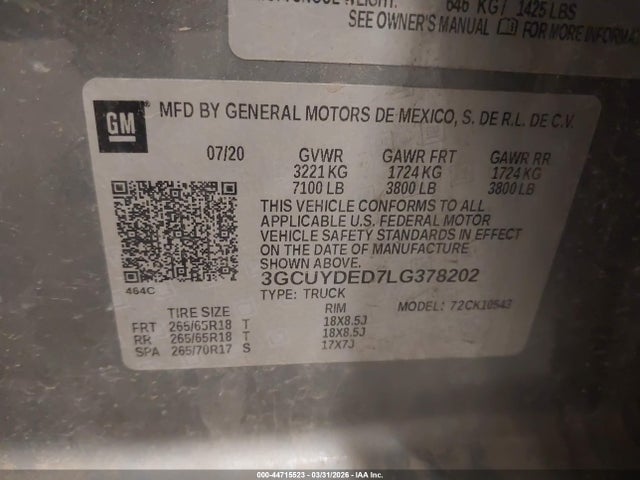 44715523 :رقم المزاد ، 3GCUYDED7LG378202 vin ، 2020 Chevrolet Silverado 1500 4wd  Short Bed Lt مزاد بيع