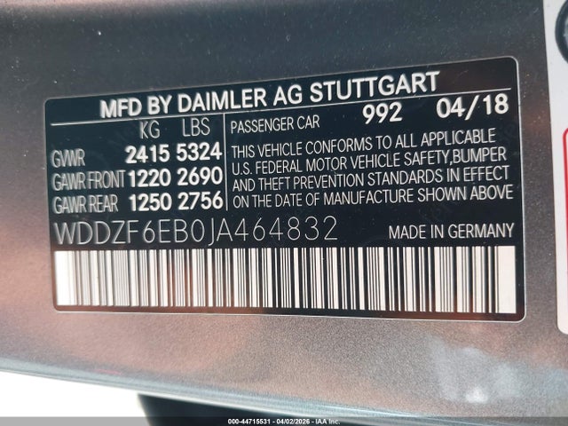 44715531 :رقم المزاد ، WDDZF6EB0JA464832 vin ، 2018 Mercedes-benz Amg E 43 4matic مزاد بيع
