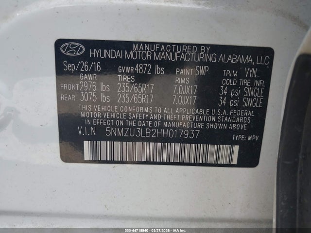 Aukcja sprzedaży 2017 Hyundai Santa Fe Sport 2.4l, vin: 5NMZU3LB2HH017937, numer aukcji: 44715540