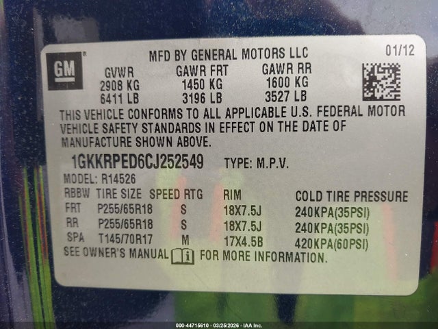 44715610 :رقم المزاد ، 1GKKRPED6CJ252549 vin ، 2012 Gmc Acadia Sle مزاد بيع