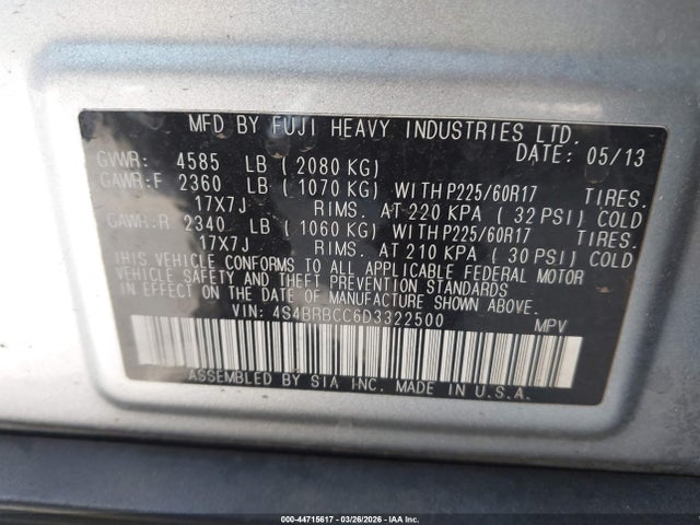 2013 Subaru Outback 2.5i Premium მანქანა იყიდება აუქციონზე, vin: 4S4BRBCC6D3322500, აუქციონის ნომერი: 44715617