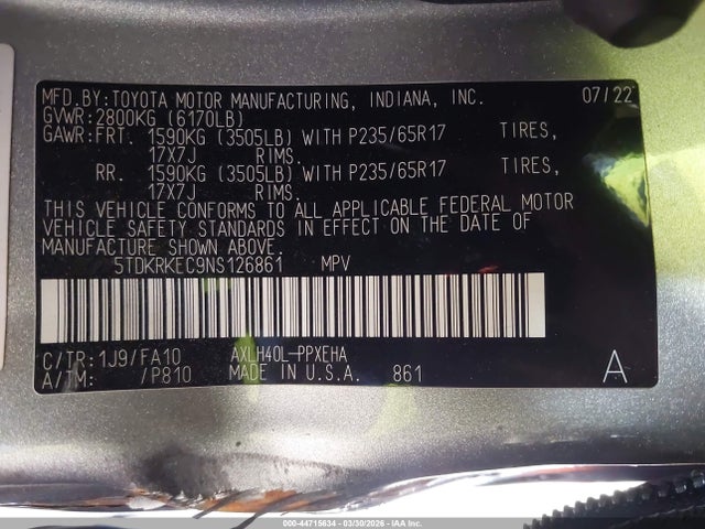 44715634 :رقم المزاد ، 5TDKRKEC9NS126861 vin ، 2022 Toyota Sienna Le مزاد بيع