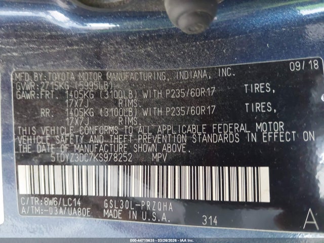 5TDYZ3DC7KS978252 Toyota Sienna Xle 8 Passenger