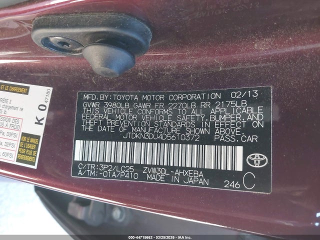 44715662 :رقم المزاد ، JTDKN3DU4D5610372 vin ، 2013 Toyota Prius Three Se مزاد بيع