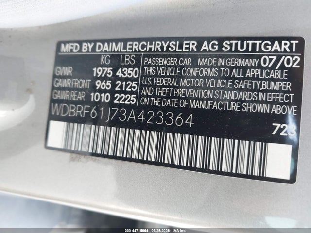 Продажа на аукционе авто 2003 Mercedes-benz C 240, vin: WDBRF61J73A423364, номер лота: 44715664
