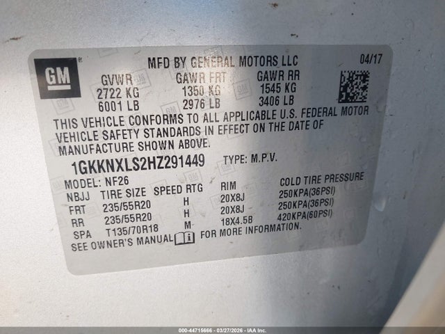 44715666 :رقم المزاد ، 1GKKNXLS2HZ291449 vin ، 2017 Gmc Acadia Denali مزاد بيع